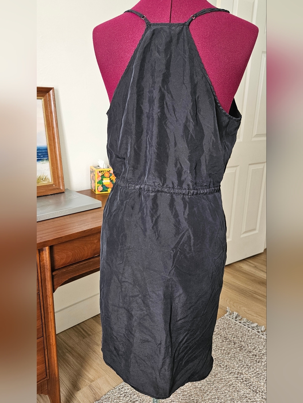 Madewell Drawstring Racerback 100% Silk Daybreak Dress Size 10 Black/Navy - Picture 3 of 5